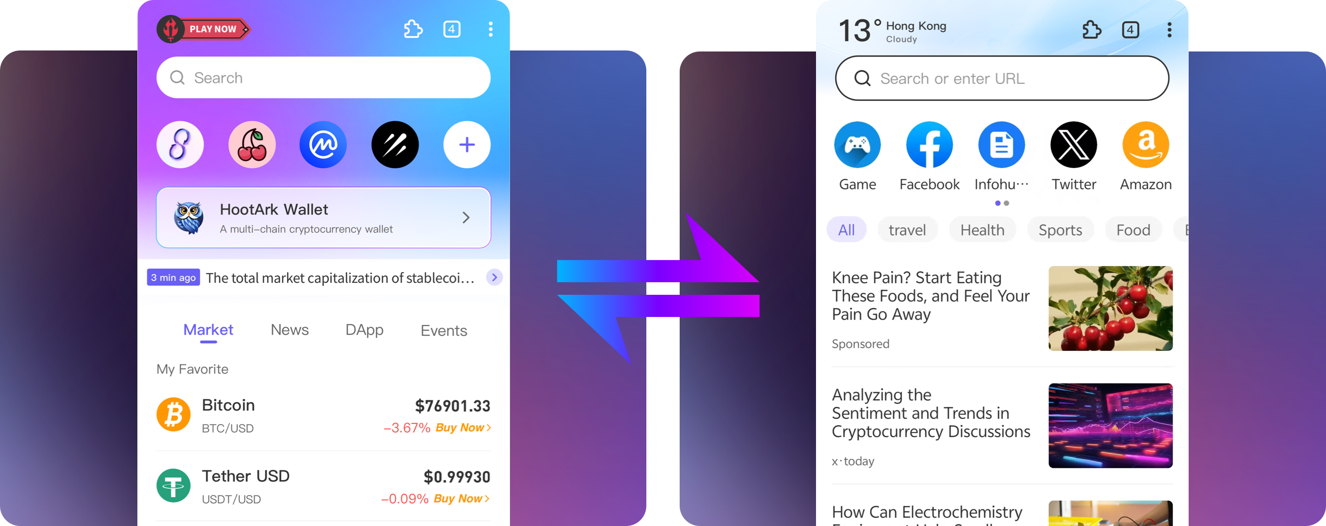 HootArk dual interface - Web3 wallet view and Web2 browser view side by side on mobile devices