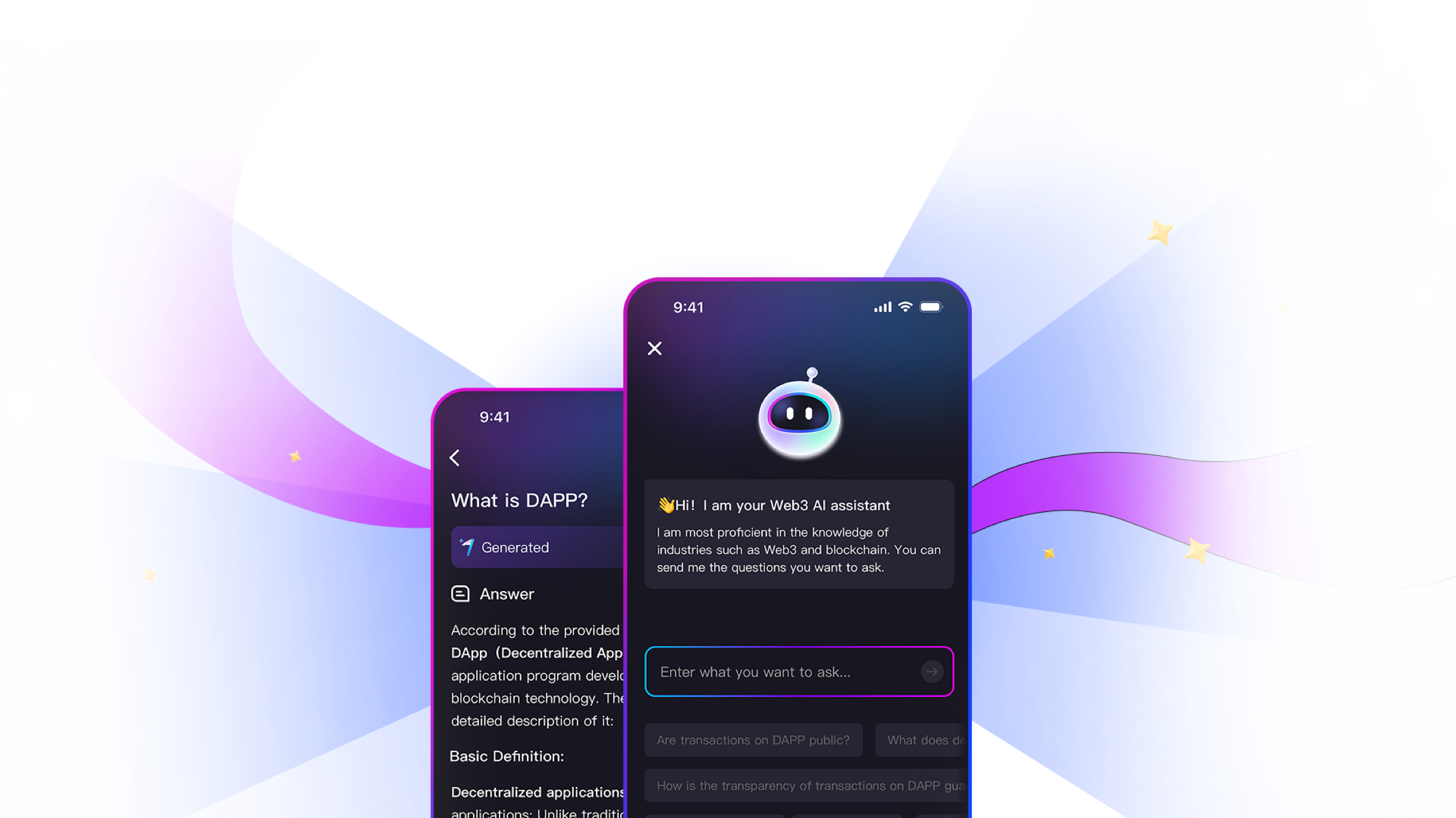Web3 AI Assistant mobile interface showing DAPP explanation and chat interface